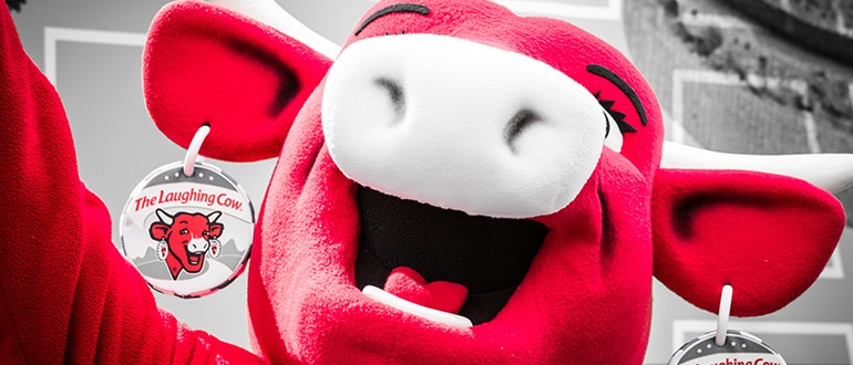 The Laughing Cow mascot head closeup